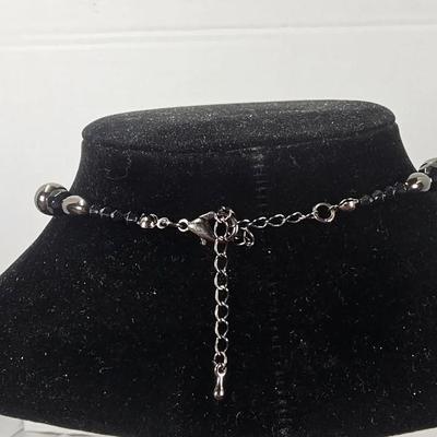 Vintage Black & Silver Multi-Strand Beaded Necklace with Faceted Glass and Metallic Accents