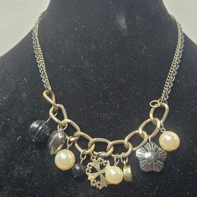 Mixed-Metal Charm Necklace with Faux Pearl & Decorative Drop Accents