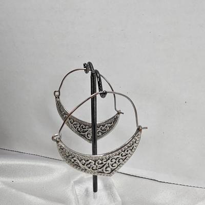 Vintage Filigree Crescent Hoop Earrings in Antiqued Silver Tone