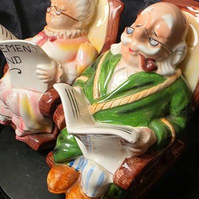 Vintage Lefton “Retirement Fund” Grandma & Grandpa Ceramic Piggy Bank Pair – Hand Painted Japan