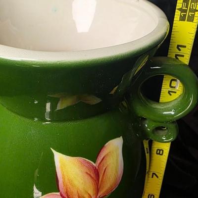 Vintage Japanese Hand-Painted Green Ceramic Vase – Twin Loop Handles, Lotus Floral Design