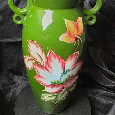Vintage Japanese Hand-Painted Green Ceramic Vase – Twin Loop Handles, Lotus Floral Design