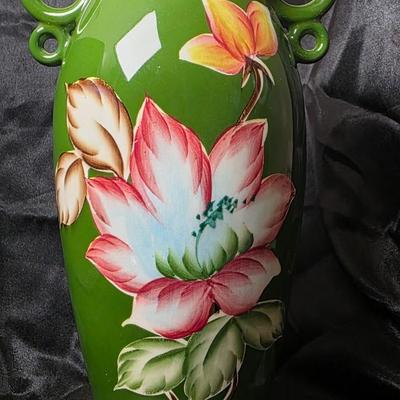 Vintage Japanese Hand-Painted Green Ceramic Vase – Twin Loop Handles, Lotus Floral Design