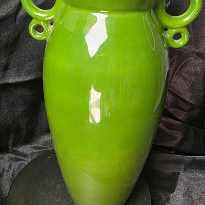 Vintage Japanese Hand-Painted Green Ceramic Vase – Twin Loop Handles, Lotus Floral Design