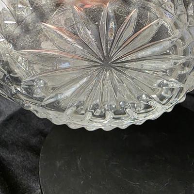 Vintage Clear Cut Glass Handled Basket with Etched Fruit & Leaf Motif – Scalloped Rim Brides Basket