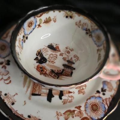 Antique Georgian Chinoiserie Teacup & Saucer — Kepple, Clare Street Bristol (Hand-Painted, Black Rim)