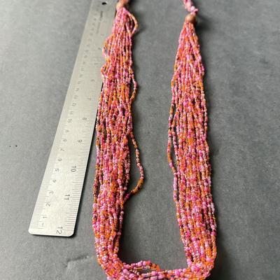 Multilayer pink beaded statement necklace with shell chips beautiful