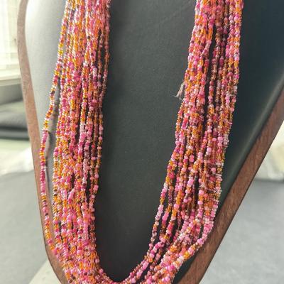 Multilayer pink beaded statement necklace with shell chips beautiful