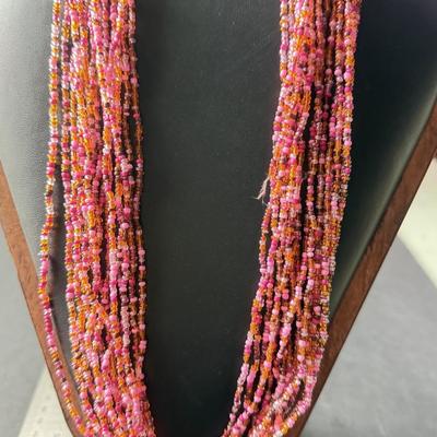 Multilayer pink beaded statement necklace with shell chips beautiful