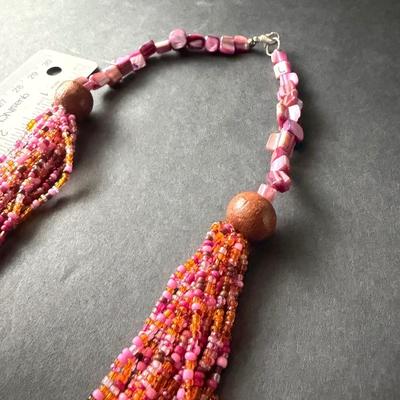 Multilayer pink beaded statement necklace with shell chips beautiful
