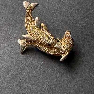 Gold tone sparkle rhinestone dolphin brooch