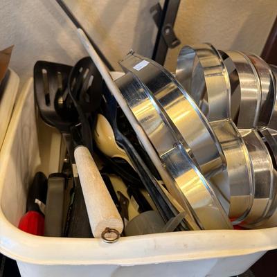 Sale Photo Thumbnail #30: Dish Towels, Cookie cutters Utensils knives and Trash can.