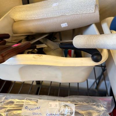 Sale Photo Thumbnail #32: Dish Towels, Cookie cutters Utensils knives and Trash can.