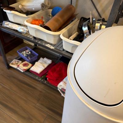 Sale Photo Thumbnail #29: Dish Towels, Cookie cutters Utensils knives and Trash can.