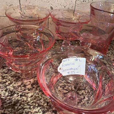 Sale Photo Thumbnail #42: Pink Fostoria  1966 
6 plates, 5 footed glasses, 5 glasses,
 5 small champagne glasses