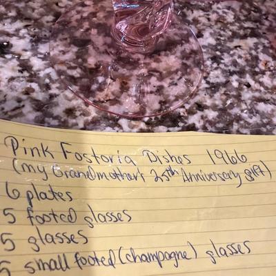 Sale Photo Thumbnail #44: Pink Fostoria  1966 
6 plates, 5 footed glasses, 5 glasses,
 5 small champagne glasses