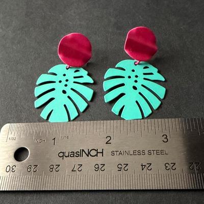 Beautiful bright colored blue and pink dangle leaf earrings