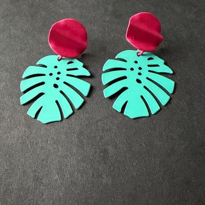 Beautiful bright colored blue and pink dangle leaf earrings