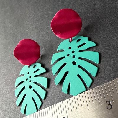 Beautiful bright colored blue and pink dangle leaf earrings