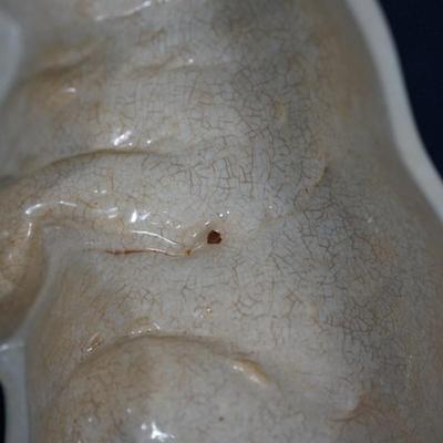 Sale Photo Thumbnail #182: Measures: 13" by 6 " 3"
Condition: there is crazing throughout the glaze. One small chip off the glaze in the interior. small. .
mostly a white color with the tan coloring from age and use. very unique. 
Marked on the back Villeroy and Boch hallmark Dresd