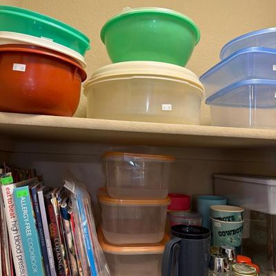Sale Photo Thumbnail #54: Plastic Ware, Cookbooks, Bowls, and more.