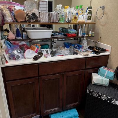 Sale Photo Thumbnail #123: Hamper, Wigs, Glasses and bathroom items.
