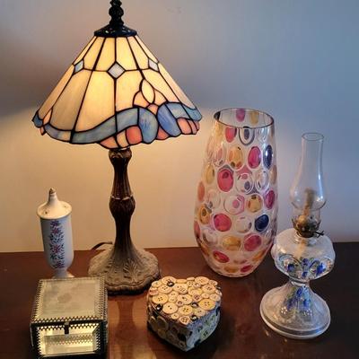 LOT 22M Stained Glass Lamp, Vase, Oil Lamp, & Smalls