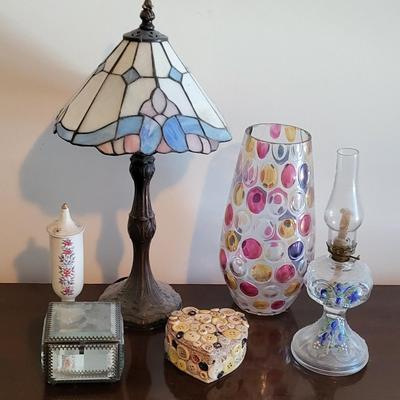 LOT 22M Stained Glass Lamp, Vase, Oil Lamp, & Smalls