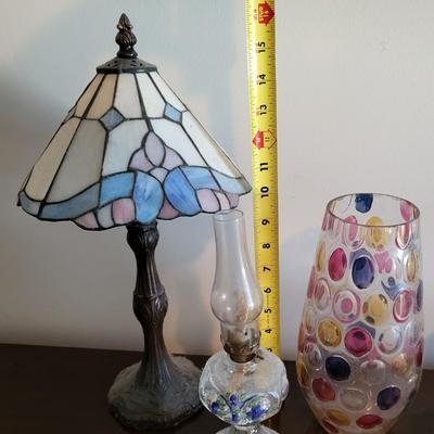 LOT 22M Stained Glass Lamp, Vase, Oil Lamp, & Smalls