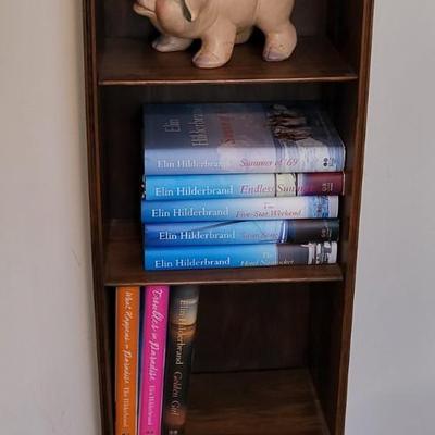 LOT 23M Bookshelf With Books, Pig, & Wooden Shoes