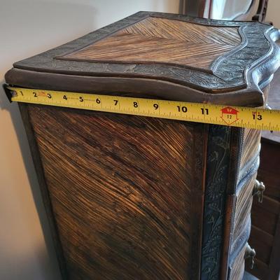 LOT 24M: Tall Slender Dark Wood Cabinet w/ 6 Rattan Drawers