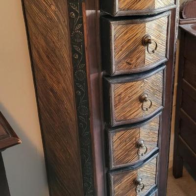 LOT 24M: Tall Slender Dark Wood Cabinet w/ 6 Rattan Drawers