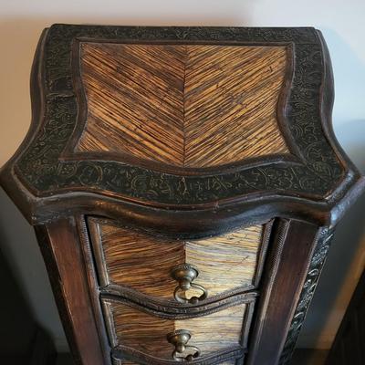 LOT 24M: Tall Slender Dark Wood Cabinet w/ 6 Rattan Drawers