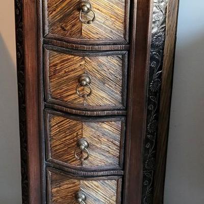 LOT 24M: Tall Slender Dark Wood Cabinet w/ 6 Rattan Drawers