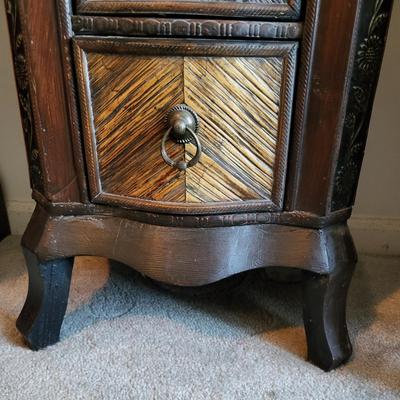 LOT 24M: Tall Slender Dark Wood Cabinet w/ 6 Rattan Drawers