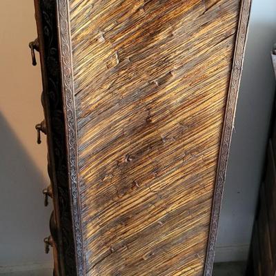 LOT 24M: Tall Slender Dark Wood Cabinet w/ 6 Rattan Drawers