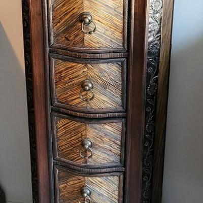 LOT 24M: Tall Slender Dark Wood Cabinet w/ 6 Rattan Drawers