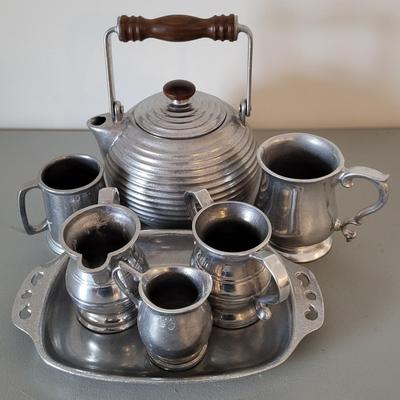 LOT 109M Pewter Teapot, Pewter Sugar & Creamer Set