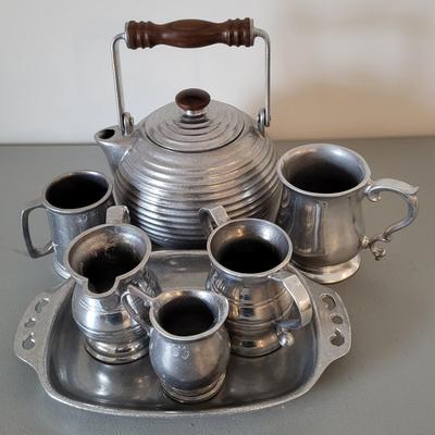 LOT 109M Pewter Teapot, Pewter Sugar & Creamer Set