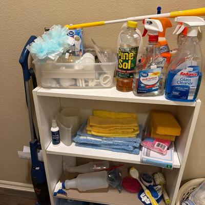 Sale Photo Thumbnail #135: Cleaning Supplies with Shelf and small Vacuum. Baskets and more.
