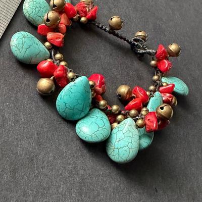 Vintage fashion turquoise and red coral beaded type bracelet