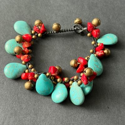 Vintage fashion turquoise and red coral beaded type bracelet