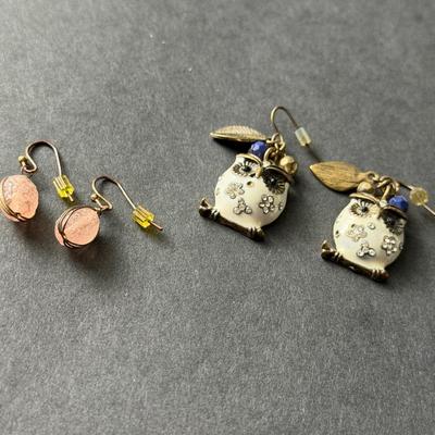 Owl and light pink dangle earrings set