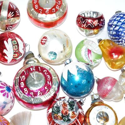 Sale Photo Thumbnail #205: 30 vintage Christmas ornaments. 
Most have paint missing and or a few have the metal top missing. 
Overall in the condition based on age and use they are good. A few may need a little repair as the spun glass wings and tails may need to be reapplied.