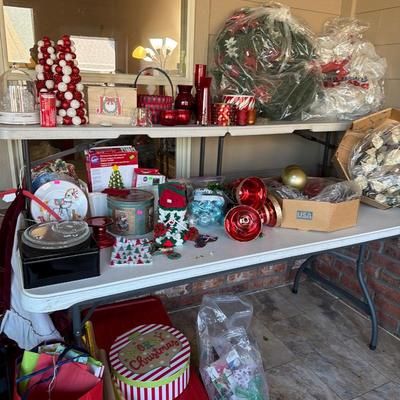 Sale Photo Thumbnail #153: Christmas Decor, Wrapping paper and bow making ribbons, Wreaths 
Shel and Table not included.