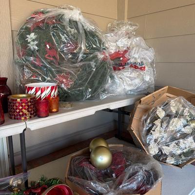 Sale Photo Thumbnail #156: Christmas Decor, Wrapping paper and bow making ribbons, Wreaths 
Shel and Table not included.
