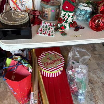 Sale Photo Thumbnail #155: Christmas Decor, Wrapping paper and bow making ribbons, Wreaths 
Shel and Table not included.