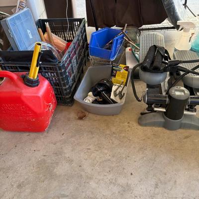 Sale Photo Thumbnail #181: Garage Misc, Dig gates, Totes, extension cords, paint supplies, Tools, gloves,