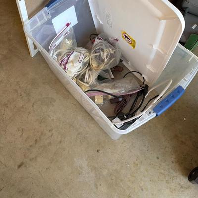 Sale Photo Thumbnail #180: Garage Misc, Dig gates, Totes, extension cords, paint supplies, Tools, gloves,