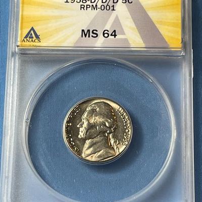 ANACS SCARCE CERTIFIED 1958-D/D/D RPM-001 MS64 GRADED JEFFERSON NICKEL AS PICTURED.